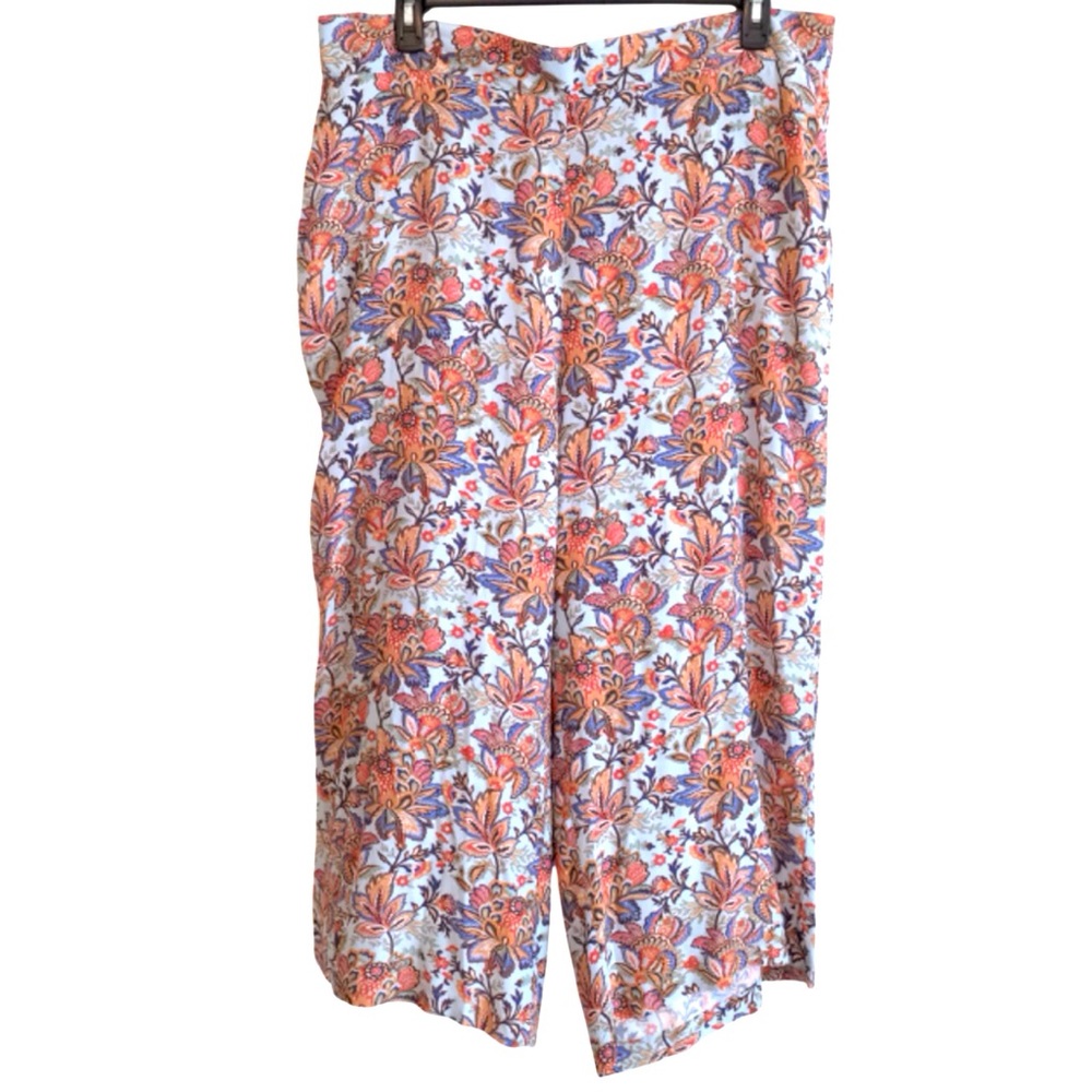 TAHARI Wide Leg Blue Paisley Flower Print Palazzo Pants Cropped Pull On Size 3X - Picture 2 of 5